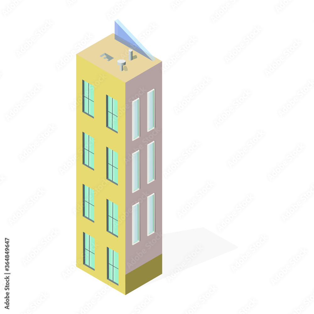 Multi-storey yellow building. Residential building with balconies. Megapolis, isometry. Architecture. Web design.eps Multi-storey yellow building. Residential building with balconies. Megapolis, isometry. Architecture. Web design.eps