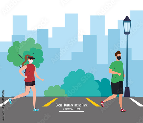 Social distancing between man and woman with masks running at park design of Covid 19 virus theme Vector illustration