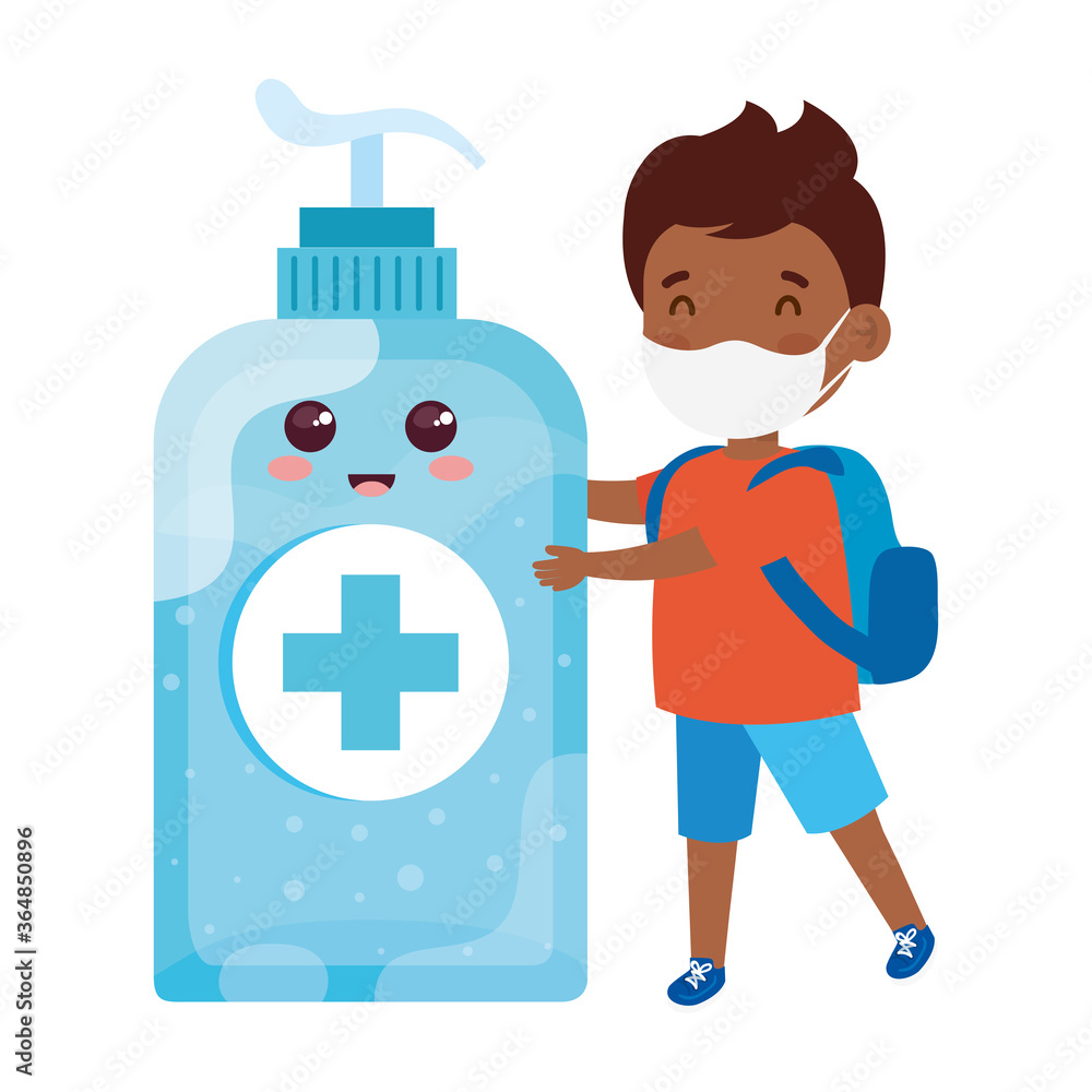 student boy afro wearing medical mask to prevent coronavirus covid 19 with cute bottle disinfection and sanitizer bottle vector illustration design
