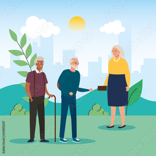 Grandmother and grandfathers avatars at park design, Old woman man female male person mother father and grandparents theme Vector illustration