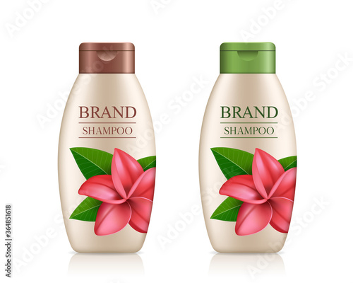 Cream shampoo product bottle with colorful cap, Plumeria flower template design isolated on white background, vector illustration