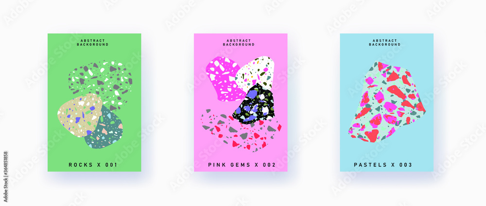 Modern and trendy templates with hand drawn natural marble rocks with terrazzo texture. Contemporary abstract collage brochure, flyer, poster, magazine cover. Vector illustration. Modern and trendy templates with hand drawn natural marble rocks with terrazzo texture. Contemporary abstract collage brochure, flyer, poster, magazine cover. Vector illustration.