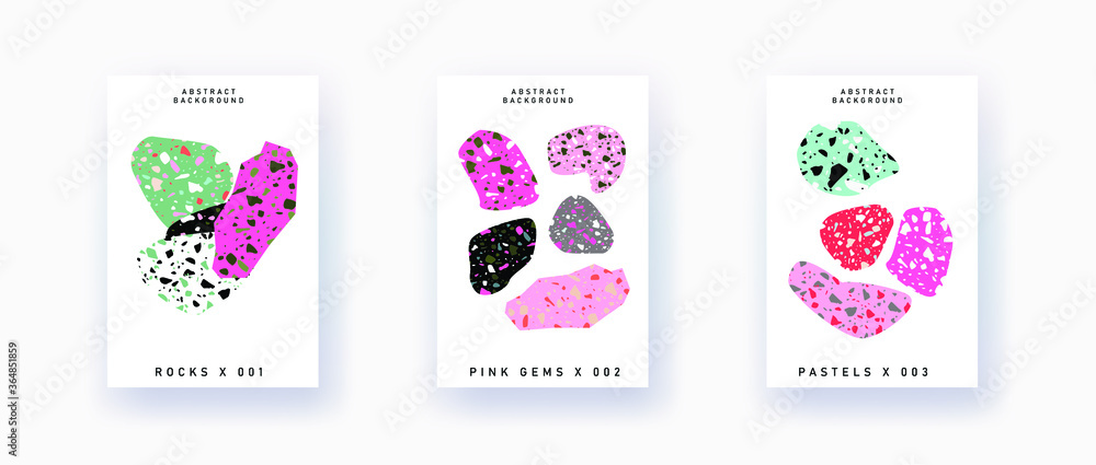 Modern and trendy templates with hand drawn natural marble rocks with terrazzo texture. Contemporary abstract collage brochure, flyer, poster, magazine cover. Vector illustration. Modern and trendy templates with hand drawn natural marble rocks with terrazzo texture. Contemporary abstract collage brochure, flyer, poster, magazine cover. Vector illustration.