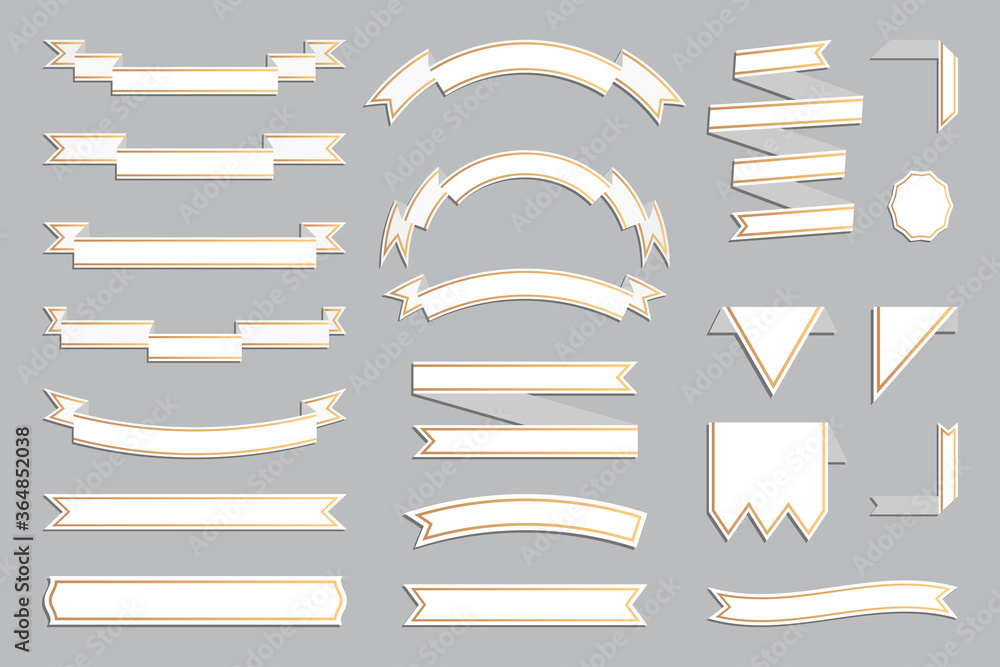 White ribbons with gold frame set. Cartoon paper background banner. Blank template different shape. Decorative flat retro flag, tape for text, price tag, sale label. Isolated vector illustration White ribbons with gold frame set. Cartoon paper background banner. Blank template different shape. Decorative flat retro flag, tape for text, price tag, sale label. Isolated vector illustration