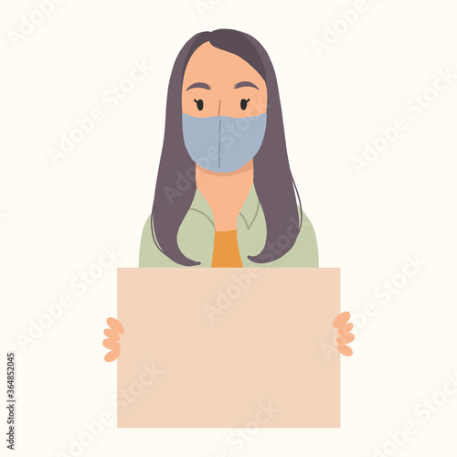 Yong woman holding clean placards in face mask.Virus protection. Bundle of female cartoon characters demonstrating empty banners.Vector hand drawn illustation.