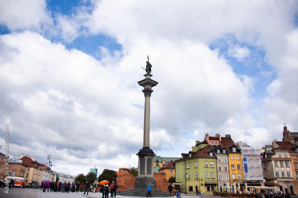 Royal Castle and Sigismund's Column or Kolumna Zygmunta for Polish and foreign travelers walk travel visit in Castle Historic Square or plac Zamkowy at Warszawa on September 21, 2019 in Warsaw, Poland