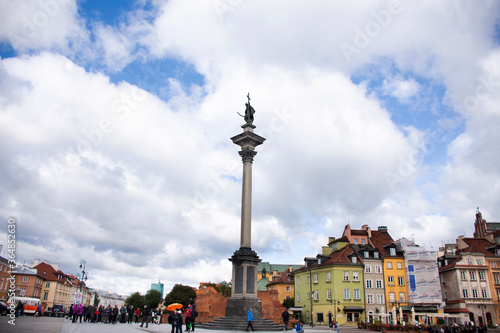 Royal Castle and Sigismund's Column or Kolumna Zygmunta for Polish and foreign travelers walk travel visit in Castle Historic Square or plac Zamkowy at Warszawa on September 21, 2019 in Warsaw, Poland