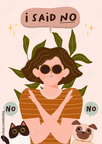 No means no concept vector illustration. woman expressing denial NO with her hand and in the speech bubble. Stop domestic violence and crime against females. banner, poster print and other