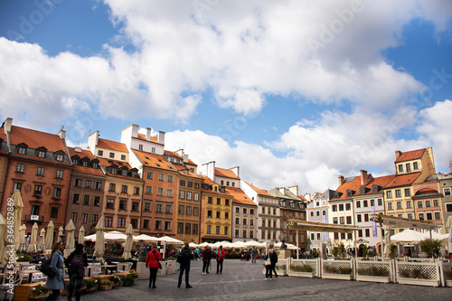 Polish or Pole people and foreigner travelers travel visit and shopping eat drink relax at Rynek Glowny Market in Krakow Old Town Main Square at Stare Miasto on September 20, 2019 in Lesser, Poland