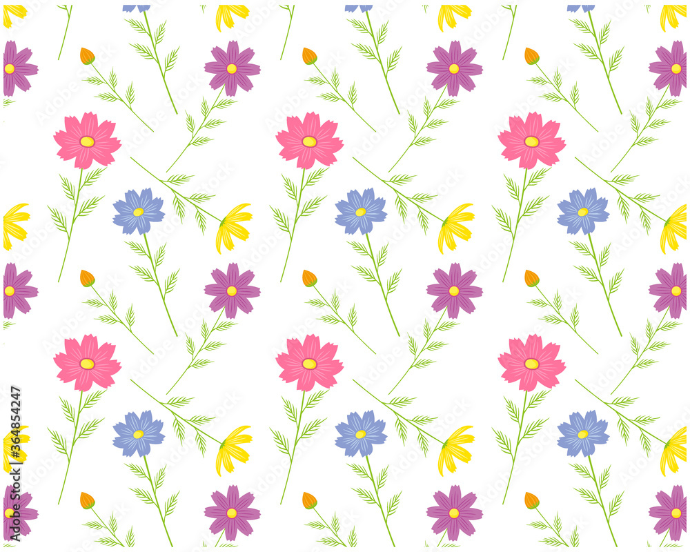 コスモスの花柄のシームレスパターン　カラフルな花びらの背景画像　