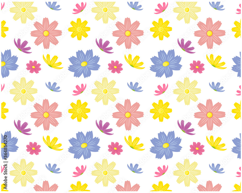 コスモスの花柄のシームレスパターン　カラフルな花びらの背景画像　