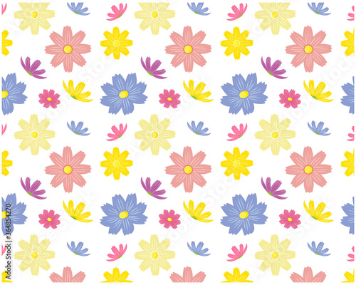 コスモスの花柄のシームレスパターン カラフルな花びらの背景画像 