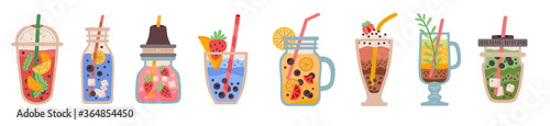Set with delicious detox drinks on white