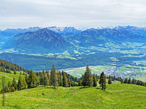 View of the fertile valley with settlemens between the Lakes Alpnachersee and Sarnersee from the Pilatus massif, Alpnach - Canton of Obwalden, Switzerland (Kanton Obwalden, Schweiz) photo