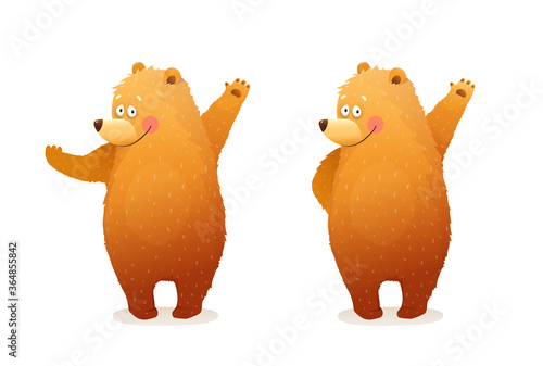Amusing Bear animal character mascot, greeting, waiving or showing with hands. Separate animal character poses isolated clipart. Cute baby cub Bear watercolor style vector cartoon for kids.