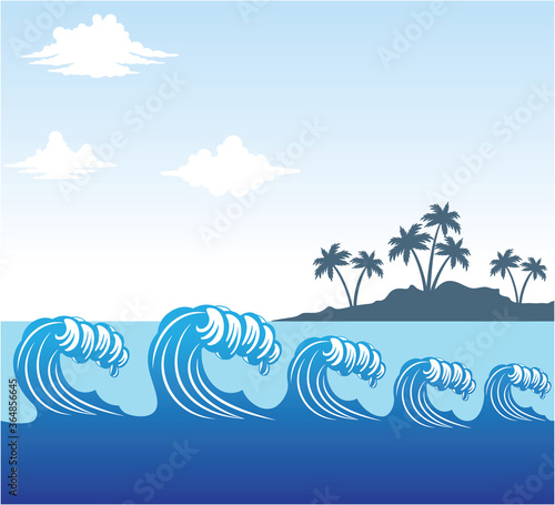 rolling blue ocean sea wave scene with coconut tree island in distance with cloudy sky vector background