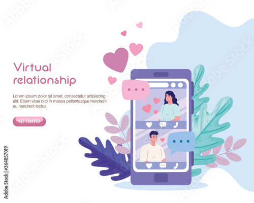 Woman and man chatting in smartphone design, Virtual dating and relationship theme Vector illustration