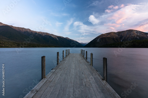 Sunset at they jetty at  Lake Rotoiti in Sant Arnaud in the South Island of New Zealand photo