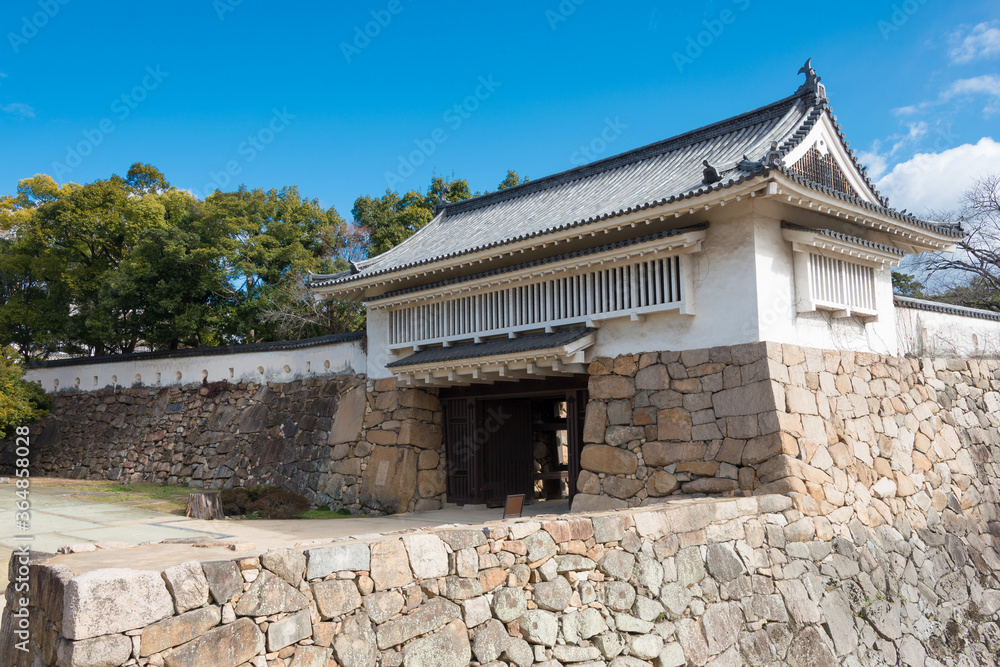 Okayama Castle in Okayama, Japan. The main tower originally built in 1597, destroyed in 1945 and replicated in concrete in 1966.