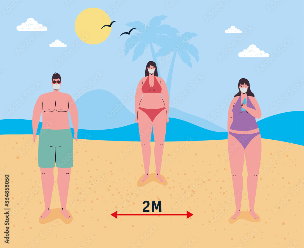 Social distancing between boy and girls with medical masks at the beach design, Summer vacation tropical and covid 19 virus theme Vector illustration
