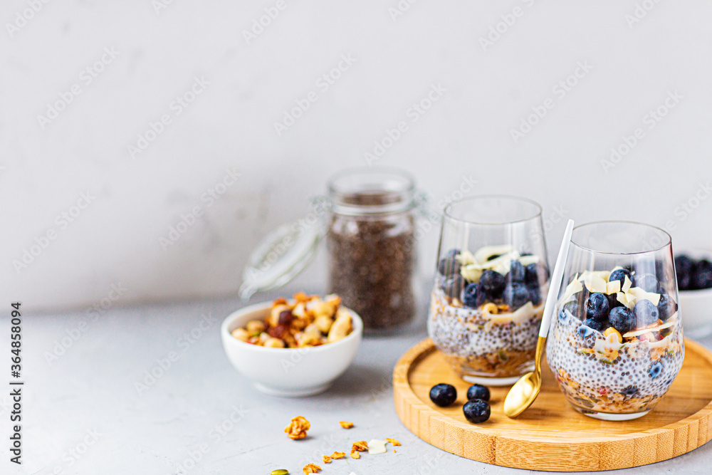 Chia pudding with granola and fresh blueberries in the glasses on a gray concrete background with copy space. Concept of healthy eating, healthy lifestyle, dieting, fitness menu. Selective focus Chia pudding with granola and fresh blueberries in the glasses on a gray concrete background with copy space. Concept of healthy eating, healthy lifestyle, dieting, fitness menu. Selective focus