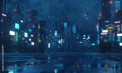 Fototapeta Naklejka Na Ścianę i Meble -  3D Rendering of billboards and advertisement signs at modern buildings in capital city with light reflection from puddles on street. Concept for night life, never sleep business district center (CBD)