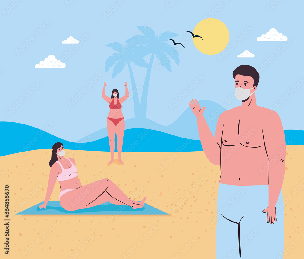 Girls and boy cartoons with medical masks at the beach design, Summer vacation tropical and covid 19 virus theme Vector illustration