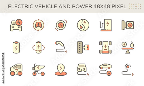 Electric vehicle and power energy vector icon set design, 48x48 pixel perfect and editable stroke.