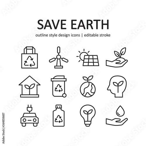 Save earth icon set. Contains such Icons as ecology, alternative energy, and more . Line style design. Vector graphic illustration. Suitable for website design, app, template, ui.