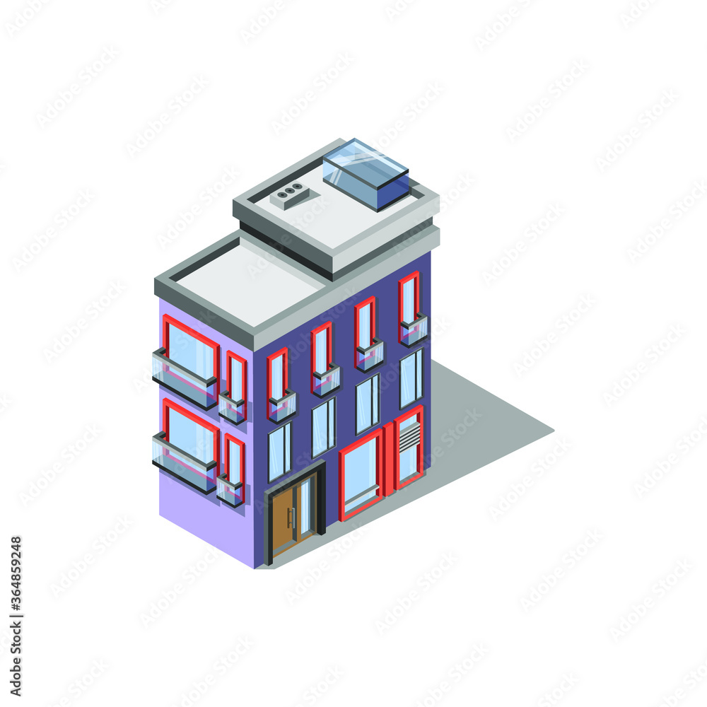 Multi-storey building with a facade and balconies in a modern style, isometry. Megalopolis. Architecture. Purple style.eps Multi-storey building with a facade and balconies in a modern style, isometry. Megalopolis. Architecture. Purple style.eps