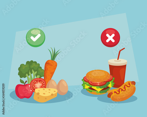 decide for broccoli apple cheese instead of hamburger hot dog design, junk or healthy food decision theme Vector illustration
