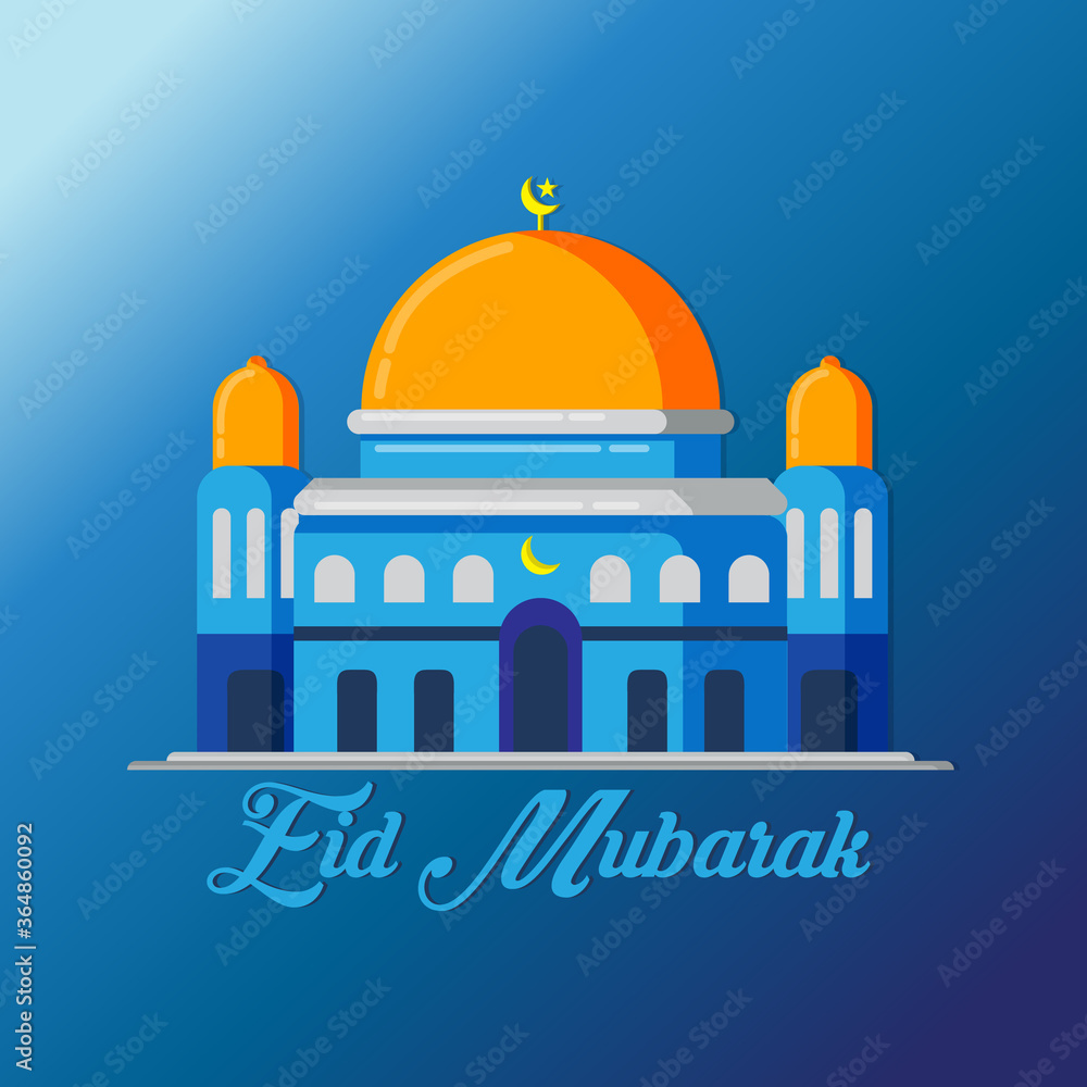 Vector Illustration, Banner, Poster or Greeting Card Template of Islamic Holiday Eid Al Adha Mubarak With Mosque and Simple Background. Islamic Holiday Eid Al Adha Mubarak Concept.