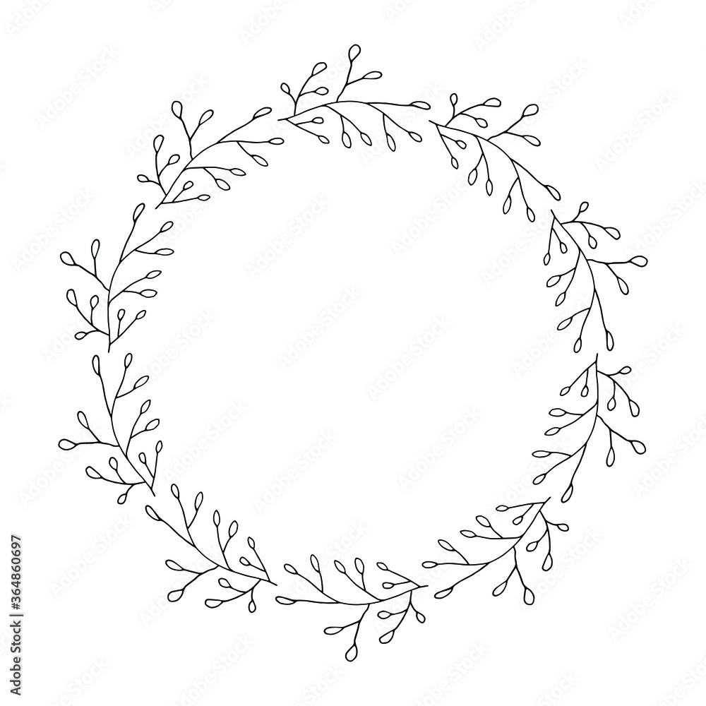 Round wreath frame. Contour black-and-white drawing of abstract plants. Round wreath frame. Contour black-and-white drawing of abstract plants.