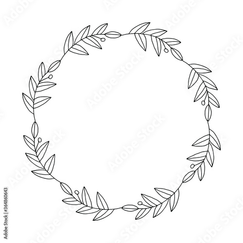 Round wreath frame. Contour black-and-white drawing of abstract plants.