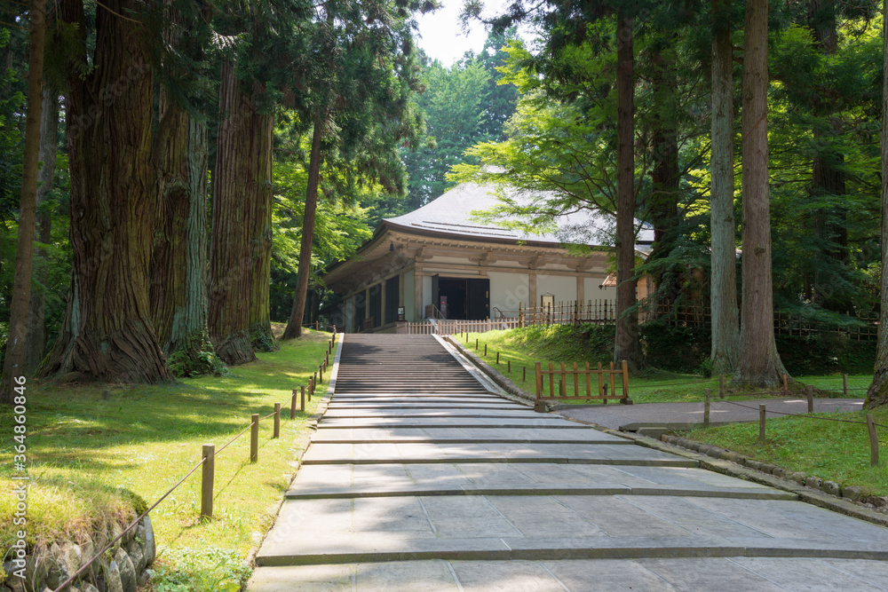 konjikido Hall at Chusonji Temple in Hiraizumi, Iwate, Japan. Chusonji Temple is part of UNESCO World Heritage Site - Historic Monuments and Sites of Hiraizumi.