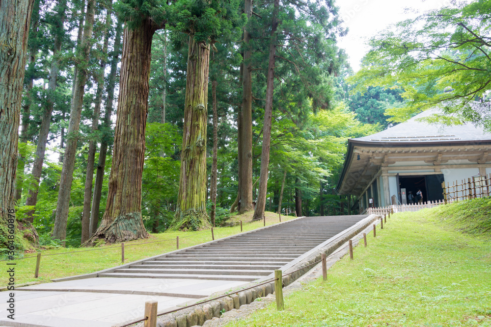 konjikido Hall at Chusonji Temple in Hiraizumi, Iwate, Japan. Chusonji Temple is part of UNESCO World Heritage Site - Historic Monuments and Sites of Hiraizumi.
