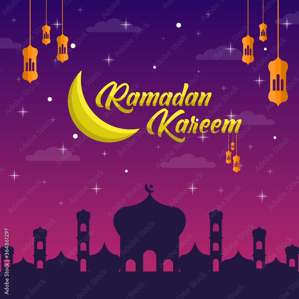Vector Illustration, Banner, Poster or Greeting Card Template of Islamic Holiday Ramadan Kareem With mosque, golden lantern, and stars. Islamic Holiday Ramadan Kareem Concept.