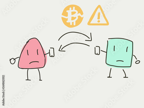 Bitcoin exchange and payment in cartoon style, 2 character sending bitcoin via smart phone. The bitcoin transaction with problem and risks. The potential error of payment or transaction may happen