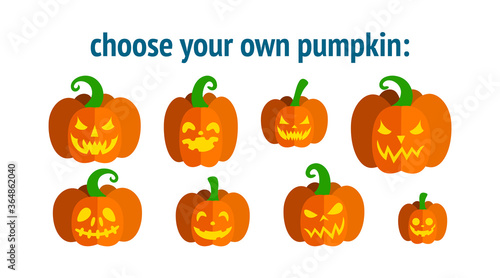 Halloween pumpkins of different forms with carved faces. Choose necessary pumpkin design. Vector illustration for Halloween party.