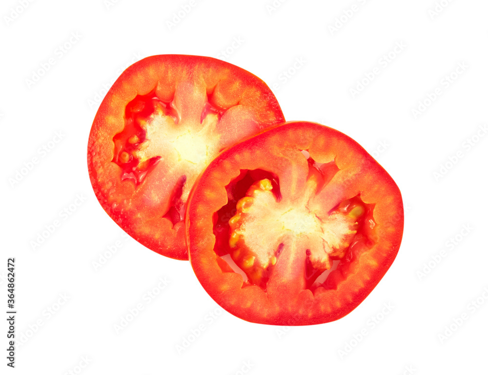 Slice of tomato isolated on white. Slice of tomato isolated on white.