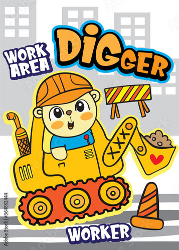 Cute bear worker cartoon illustration for t shirt