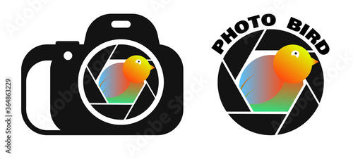 multicolored bird peeps out of camera lens. Creative logo for a photo studio and professional photographer. World Photography Day August 19th. Vector on a white background