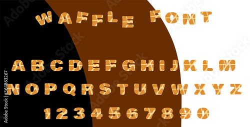 Font BAKED WAFFLES. Cute waffle letters for decorating a cafe or sweets shop menu. Cards for children parties, Valentine Day. Vector