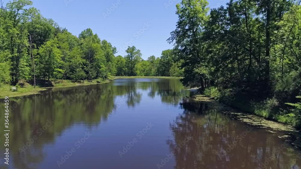 Drone flyover pond in Kentucky blue skies and trees reflecting on the waters surface Drone flyover pond in Kentucky blue skies and trees reflecting on the waters surface