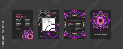 A mandala template with a touch of purple and pink ornaments looks modern and trendy, suitable for invitations and so on