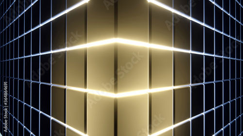 Corner of black tile wall with its cleft space and interference shadow on a glass floor (3D Rendering)