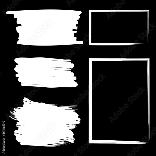 White brush strokes on a black background. Watercolor rectangular texture. Grunge stains. Illustration of scratched white stickers. Vector image.