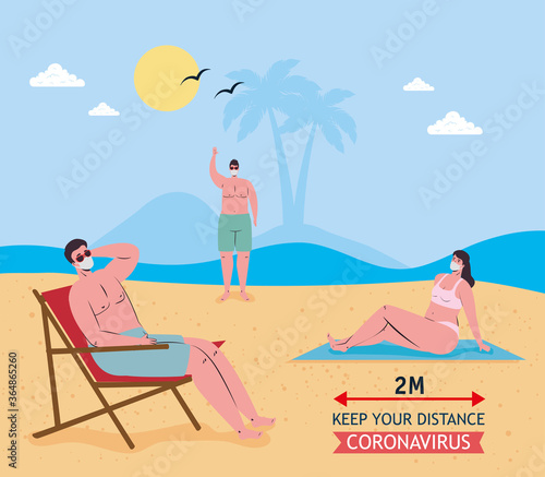 Social distancing between boys and girl with medical masks at the beach design  Summer vacation tropical and covid 19 virus theme Vector illustration
