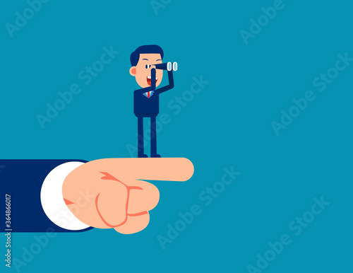 Businessman with telescope searching for opportunities and hand pointing direction