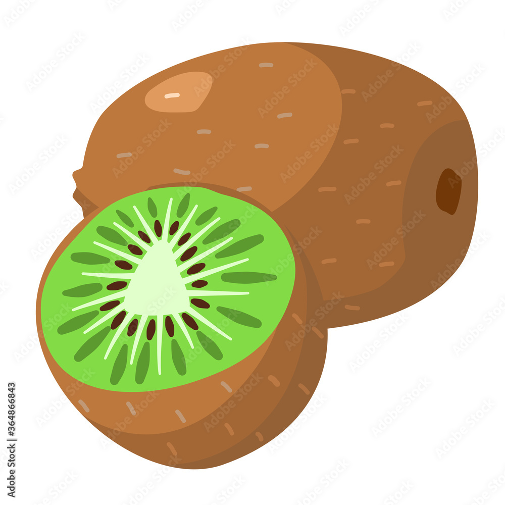 Fresh Kiwi fruit and Kiwi slice on white background. Vector illustration flat cartoon design. Fresh Kiwi fruit and Kiwi slice on white background. Vector illustration flat cartoon design.